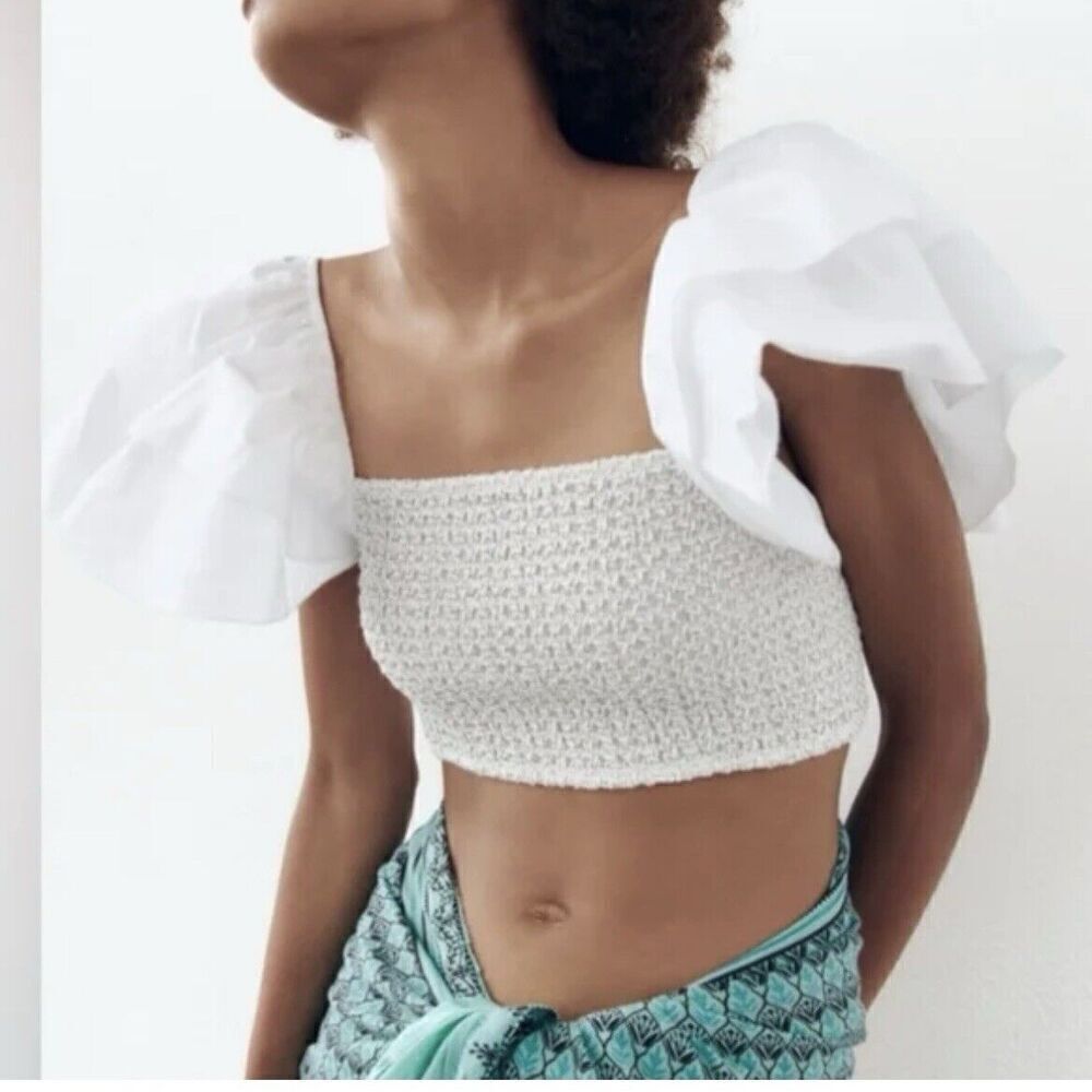 ZARA Ruffle Sleeve Crop Top Small White - Picture 4 of 13
